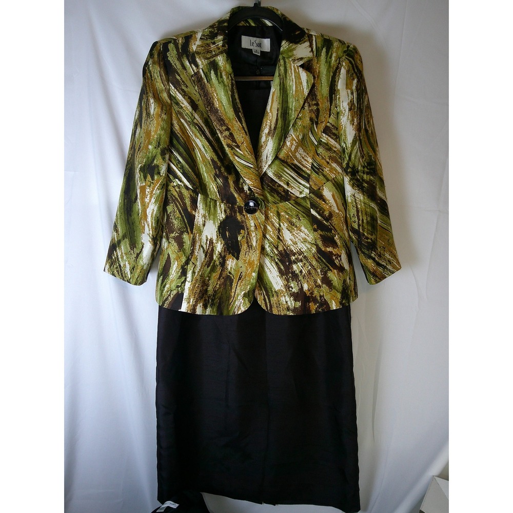 Le Suit Womens 2 Piece Dress Suit Set 6 Green Abstract Blazer Brown Sheath Dress